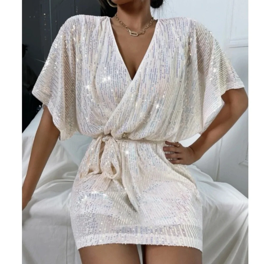 Boho black luxurious sequins glitter belted mini dress